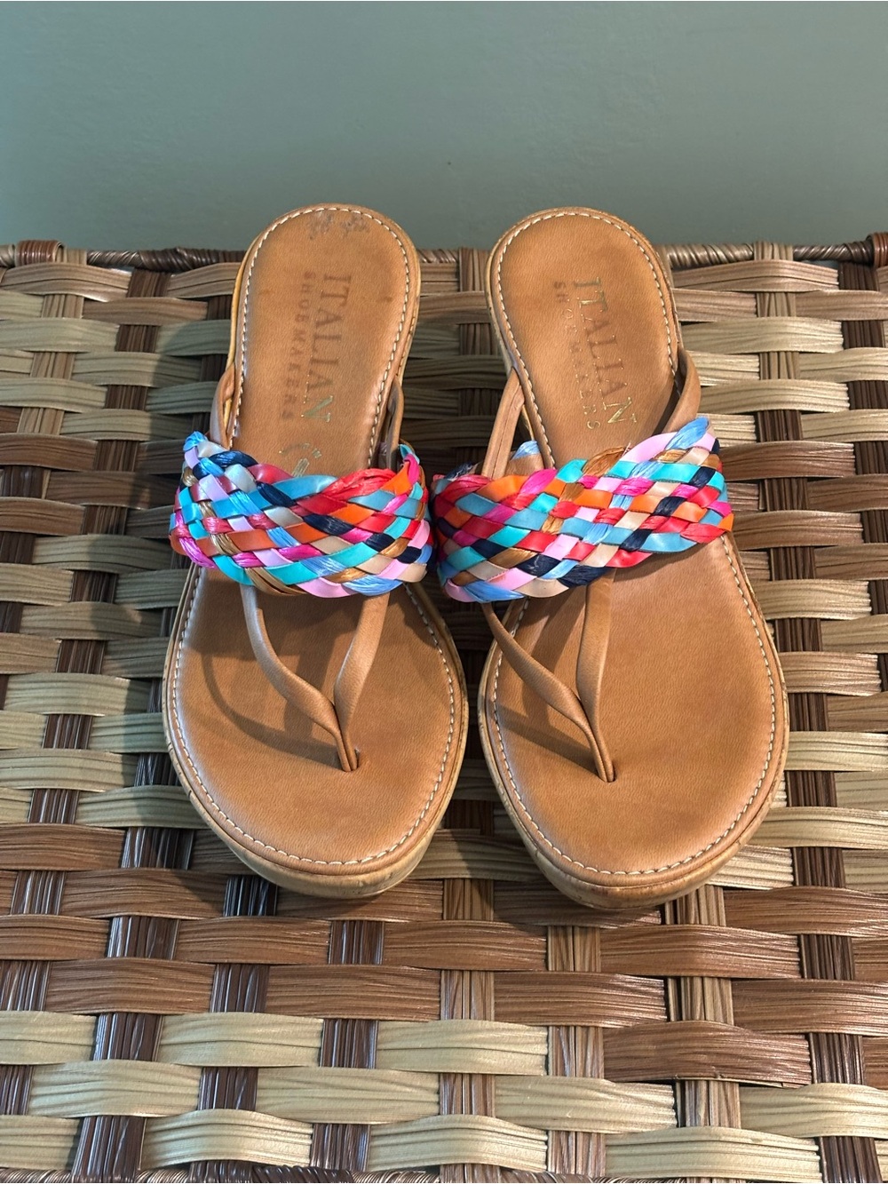 Italian Shoemakers Tan Sandals with Multicolor Braided Straps